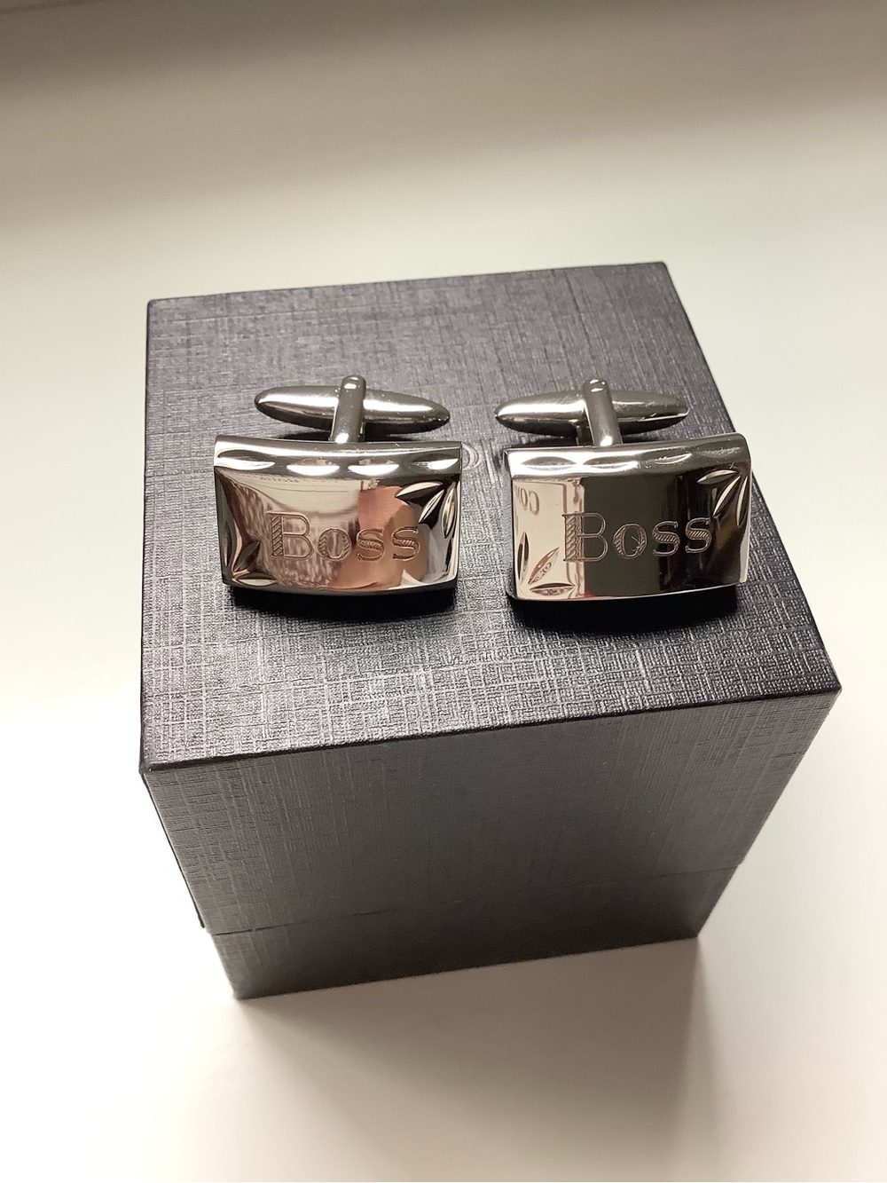 Boss Silver Rectangular Engraved Cufflinks - Picture 2 of 8
